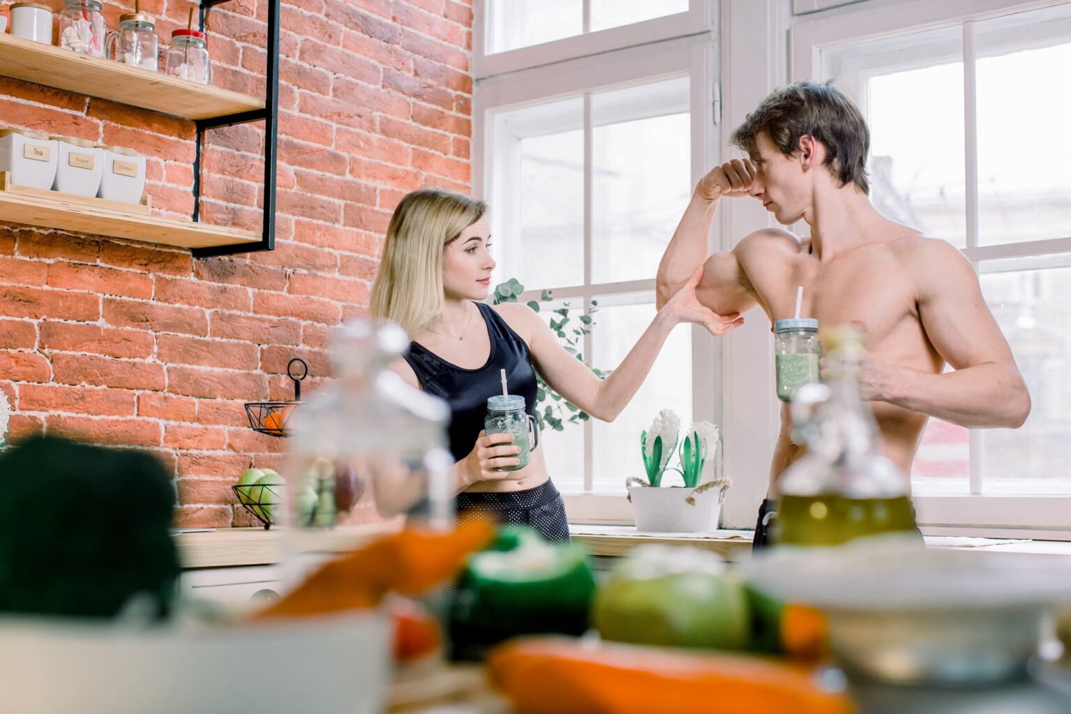 Healthy eating, fitness lifestyle, proper nutrition. Close-up photo of pretty sport woman and man