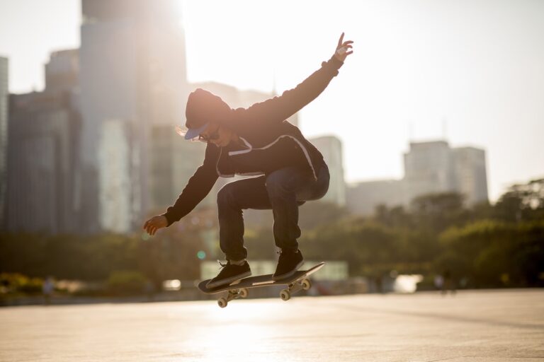 Skateboarding in sunset city