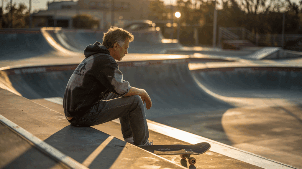 Un skateur expérimenté contemple le skatepark depuis les gradins