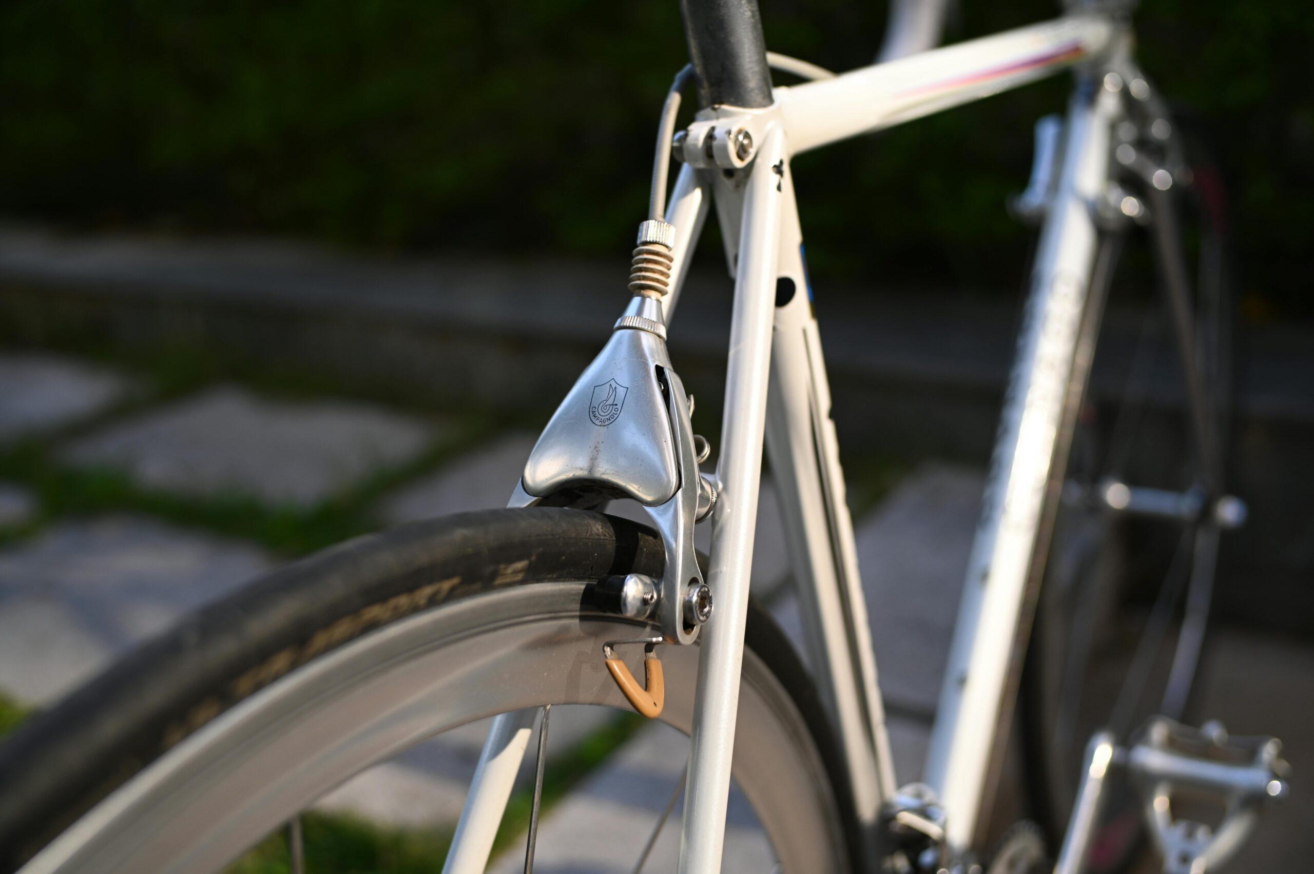 comment remplacer les câbles et gaines internes de votre vélo Detailed view of a road bike's rear brake and tire outdoors in daylight.