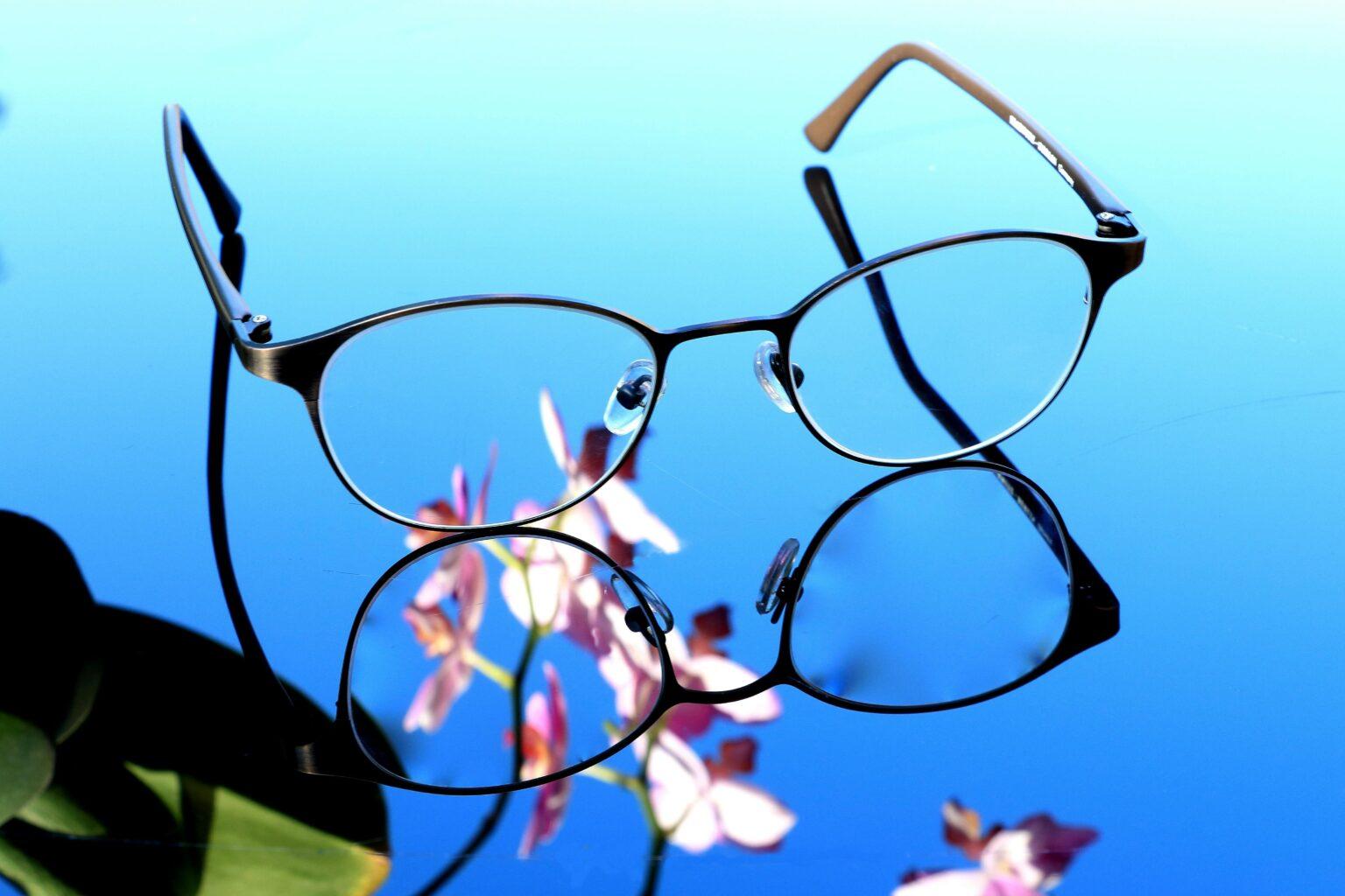 guide des couleurs et teintes des lentilles de lunette Von Zipper Stylish eyeglasses on reflective surface with orchid blossoms. Perfect for design inspiration.