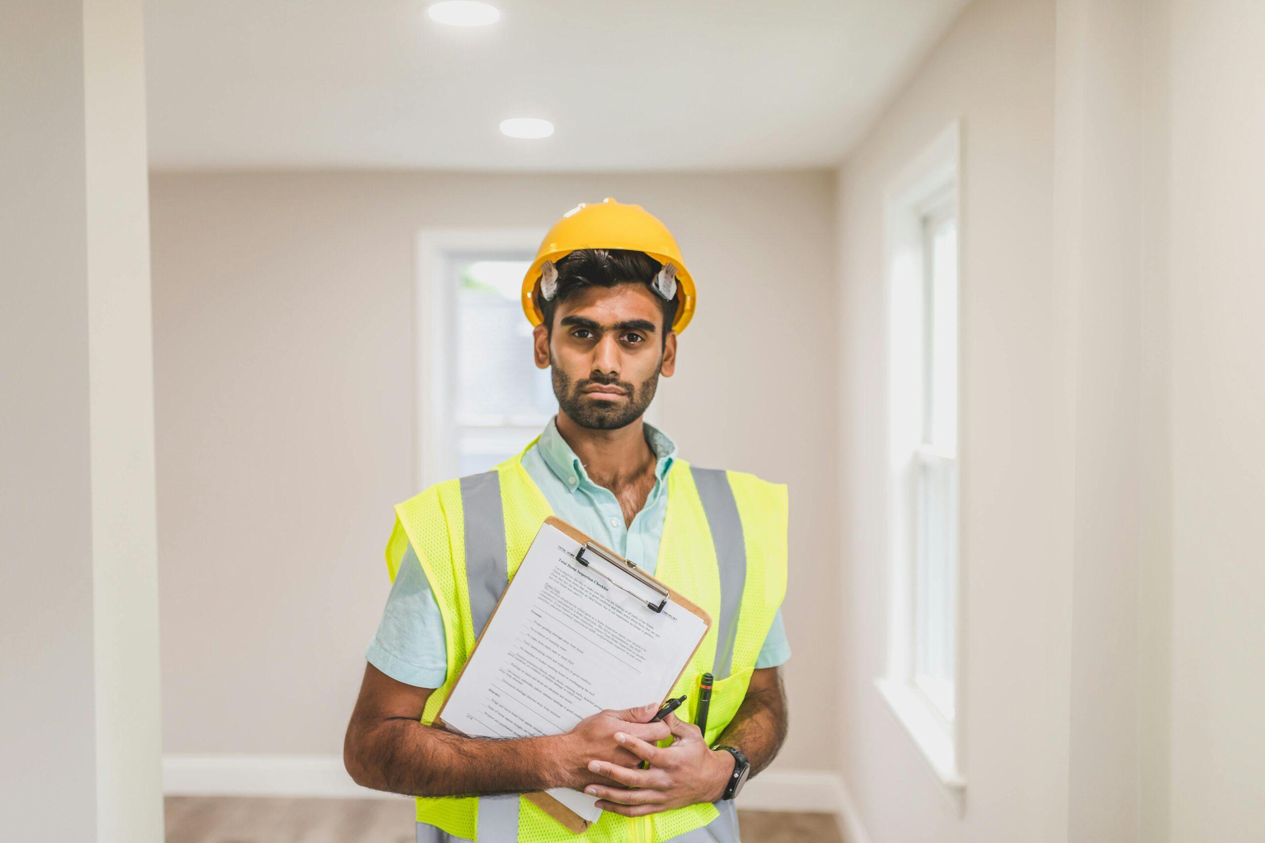 Tout ce qu'il faut savoir sur les évaluations des casques de Virginia Tech A construction worker wearing a hard hat and safety vest stands indoors with a clipboard.